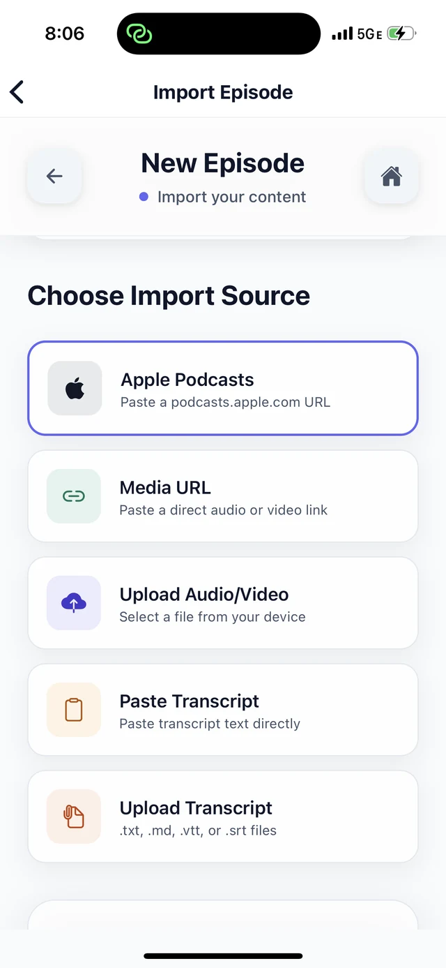 BriziNotes import choices screen with upload file option