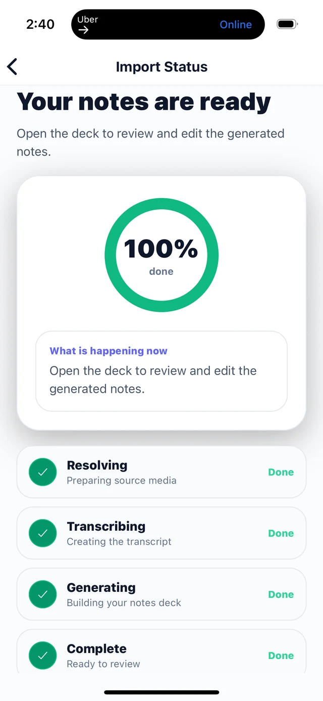 BriziNotes processing complete screen